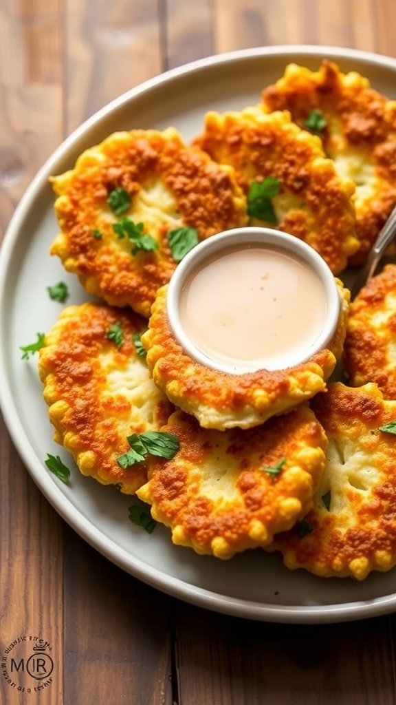 Crispy keto cauliflower fritters garnished with herbs on a rustic plate.